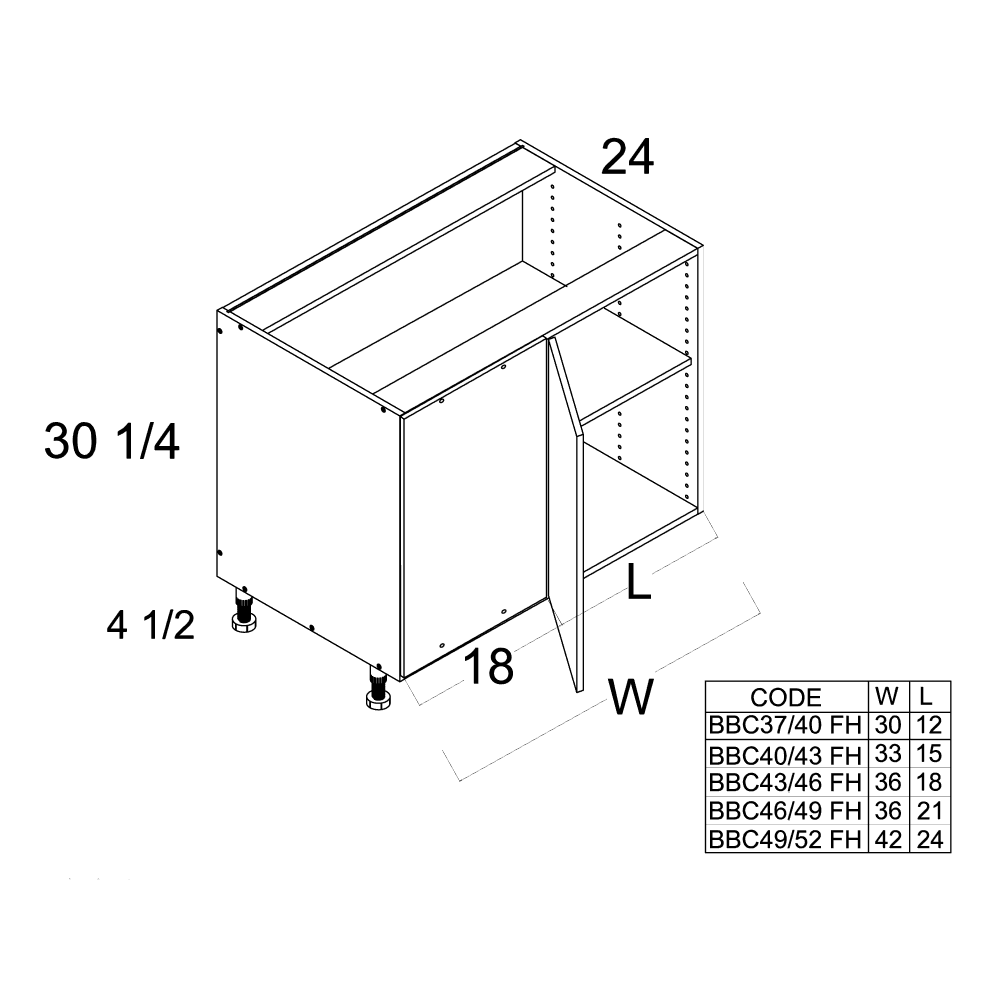Torino White Pine Full Height Door Blind Base Corner Cabinet - 42" Wide x 34-1/2" High x 24" Deep