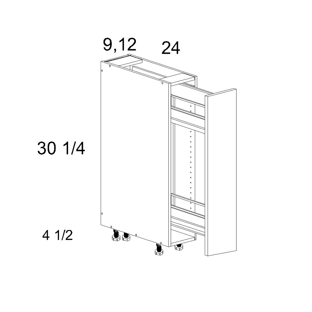 Torino White Pine Base Cabinet with Right Tray Pullout - 9"W 34-1/2" High x 24" Deep