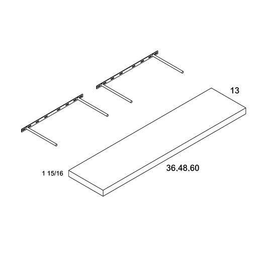 Torino Grey Wood Floating Shelf -  48" Wide x 1-15/16" High x 13" Deep (one mounting bracket included) 25 lbs max weight