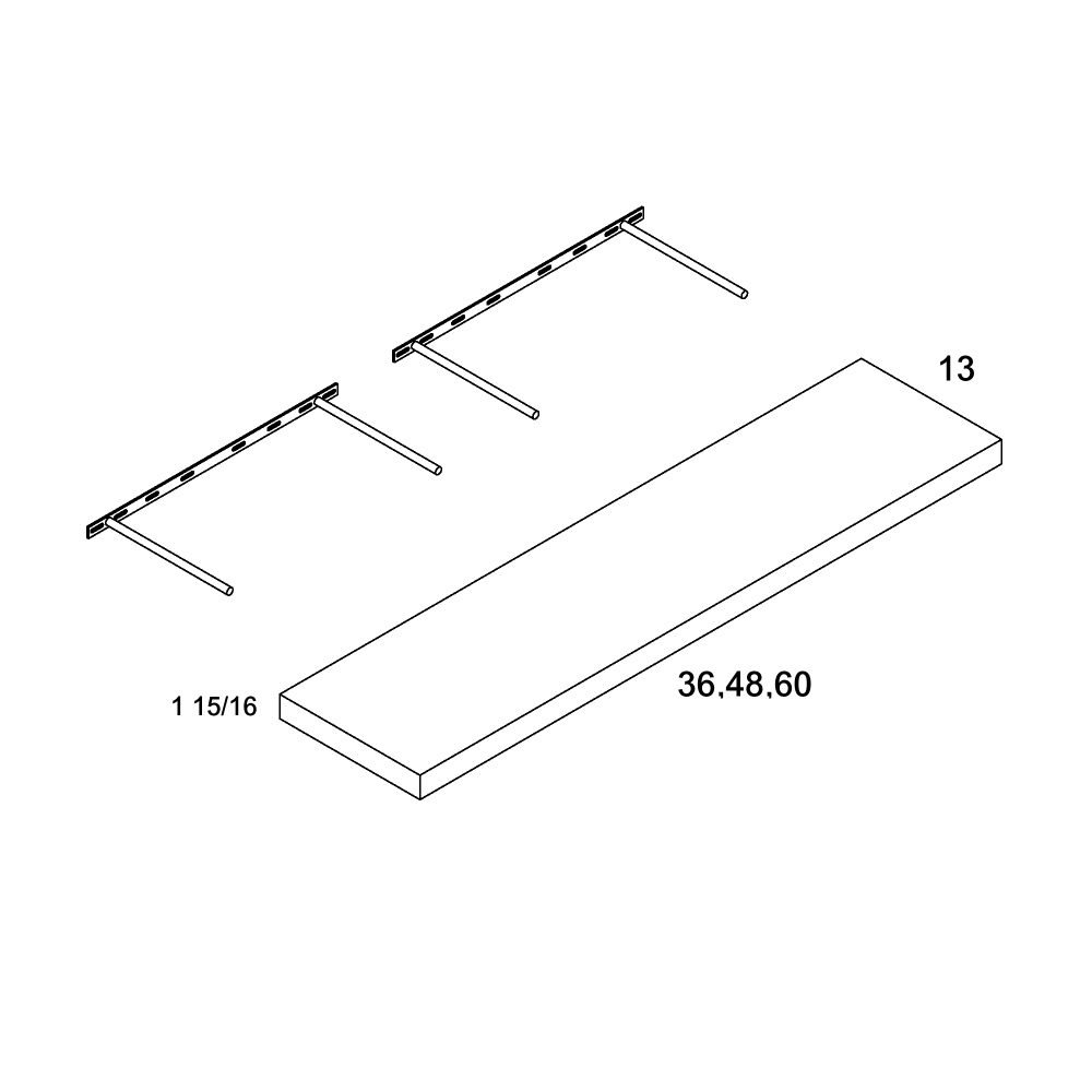 Torino Grey Wood Floating Shelf - 36" Wide x 1-15/16" High x 13" Deep (one mounting bracket included) 25 lbs max weight