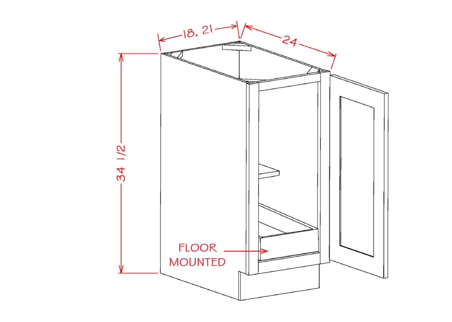 Shaker Navy Full Height Door One Rollout Shelf Base Cabinet Kit - 21"W x 34-1/2"H x 24"D -1D-1RSA