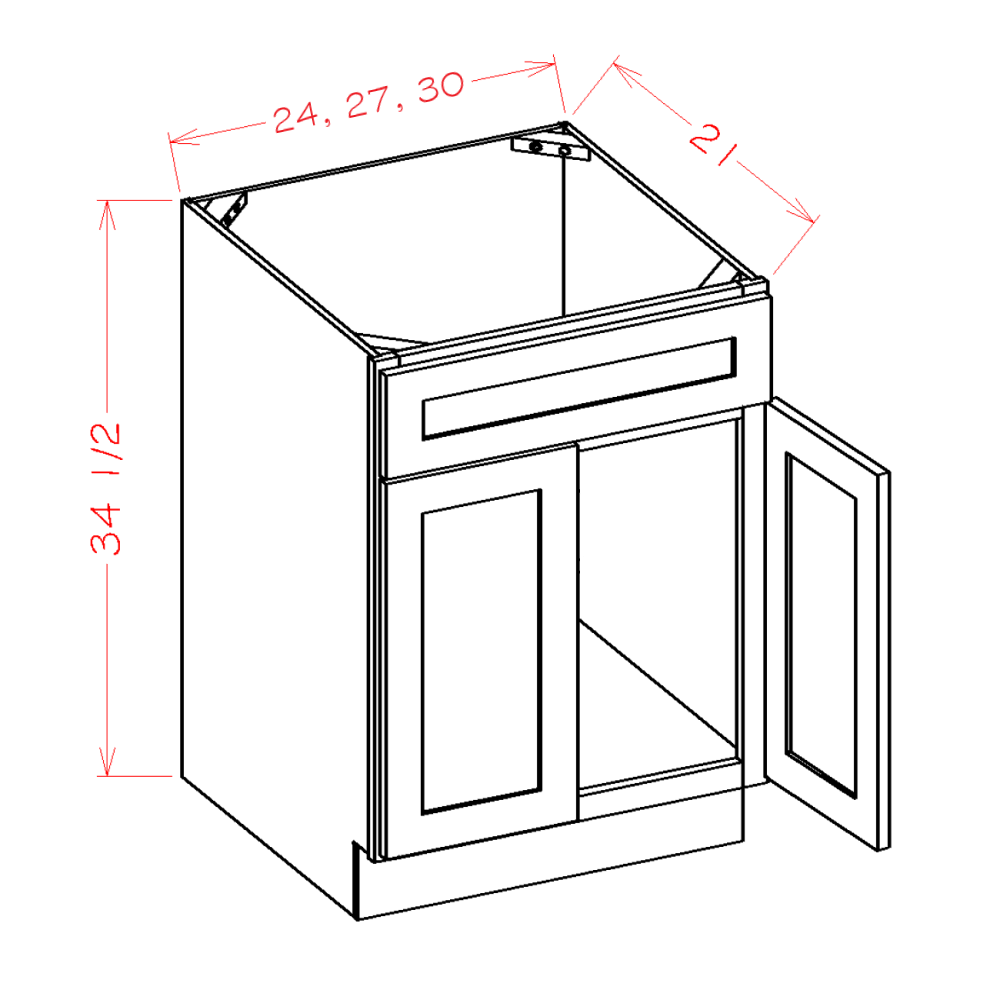 Shaker White Vanity Sink Base Cabinet - 24"W x 34-1/2"H x 21"D X -2D-1FDR