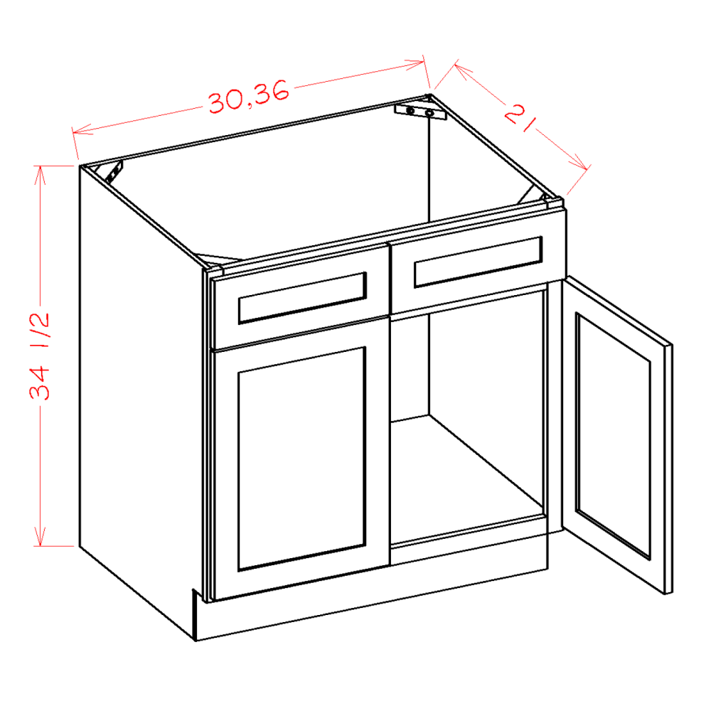 Shaker White Vanity Sink Base Cabinet - 36"W x 34-1/2"H x 21"D -2D-2FDR