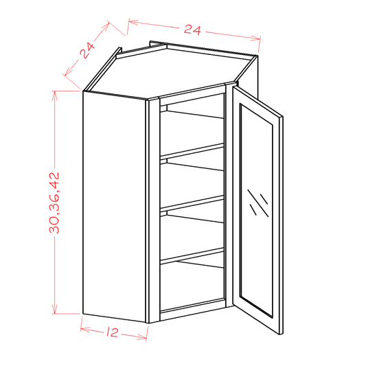 Shaker Black Wall Diagonal Glass Door Corner Cabinet with Finished Interior - 24"W x 30"H x 12"D -1D-2S