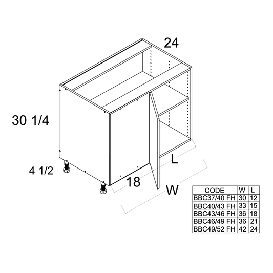 Torino White Pine Full Height Door Blind Base Corner Cabinet - 42" Wide x 34-1/2" High x 24" Deep