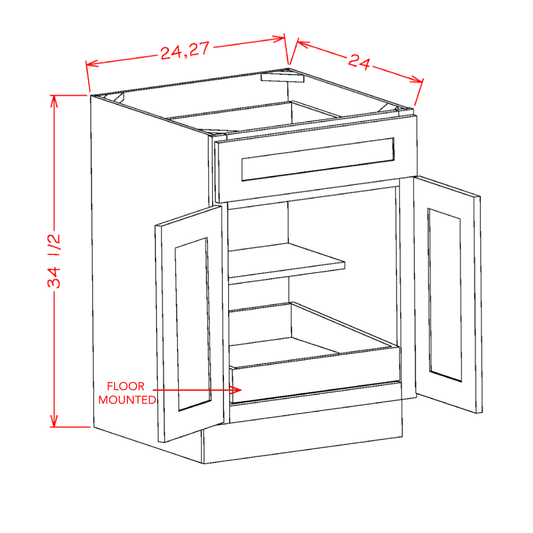 Shaker Navy One Rollout Shelf Base Cabinet Kit - 24"W x 34-1/2"H x 24"D -2D-1DR-1RSA