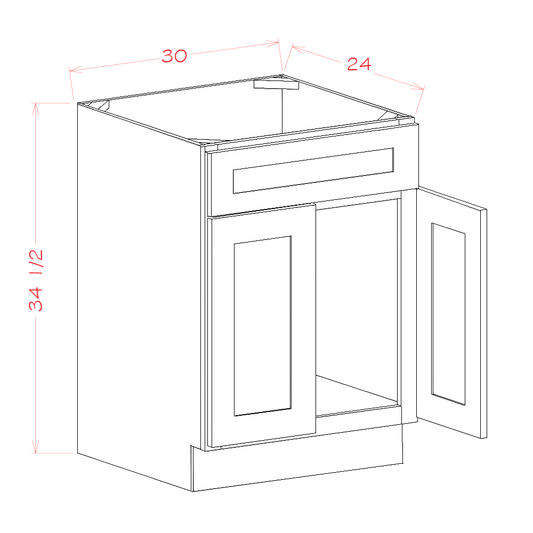 Shaker White Sink Base Cabinet - 30"W x 34-1/2"H x 24"D -2D-1FDR