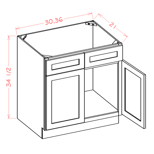 Shaker Grey Vanity Sink Base Cabinet - 36"W x 34-1/2"H x 21"D -2D-2FDR