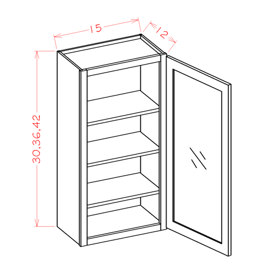 Shaker Navy Wall Glass Door Cabinet with Finished Interior - 15"W x 30"H x 12"D -1D-2S