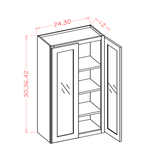 Shaker Navy Wall Glass Door Cabinet with Finished Interior - 24"W x 30"H x 12"D -2D-2S